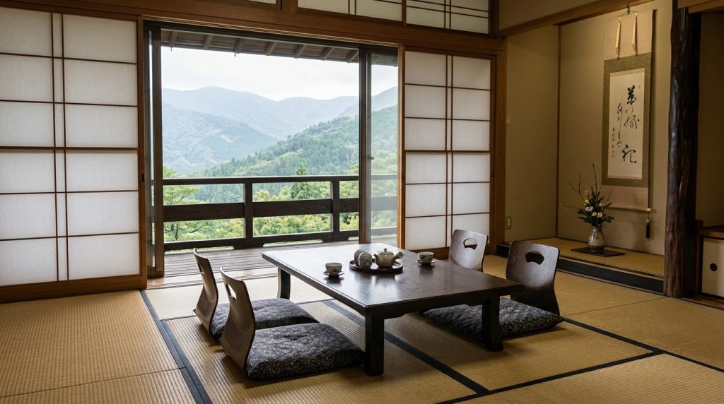 Traditional ryokan room with a mountain view in Hakone, Japan