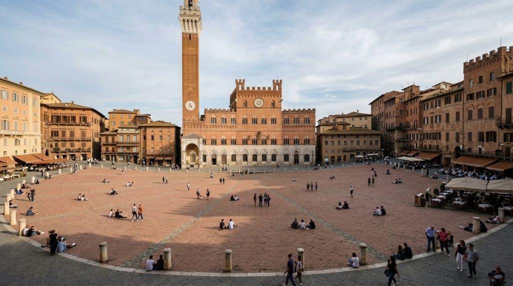 Fan-shaped Piazza del Campo with its tower in Siena, Italy