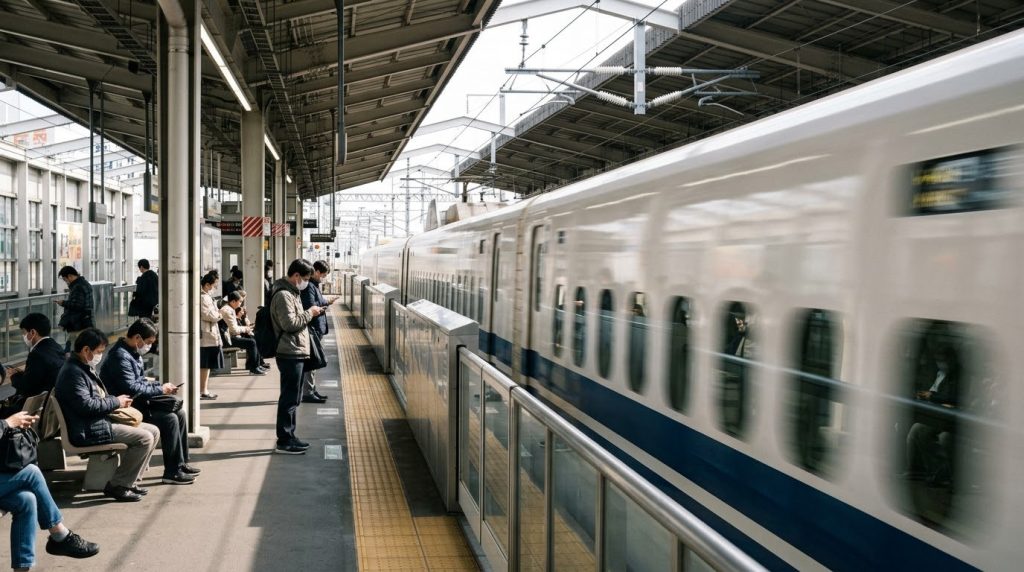 Shinkansen train speeding past a platform in Japan