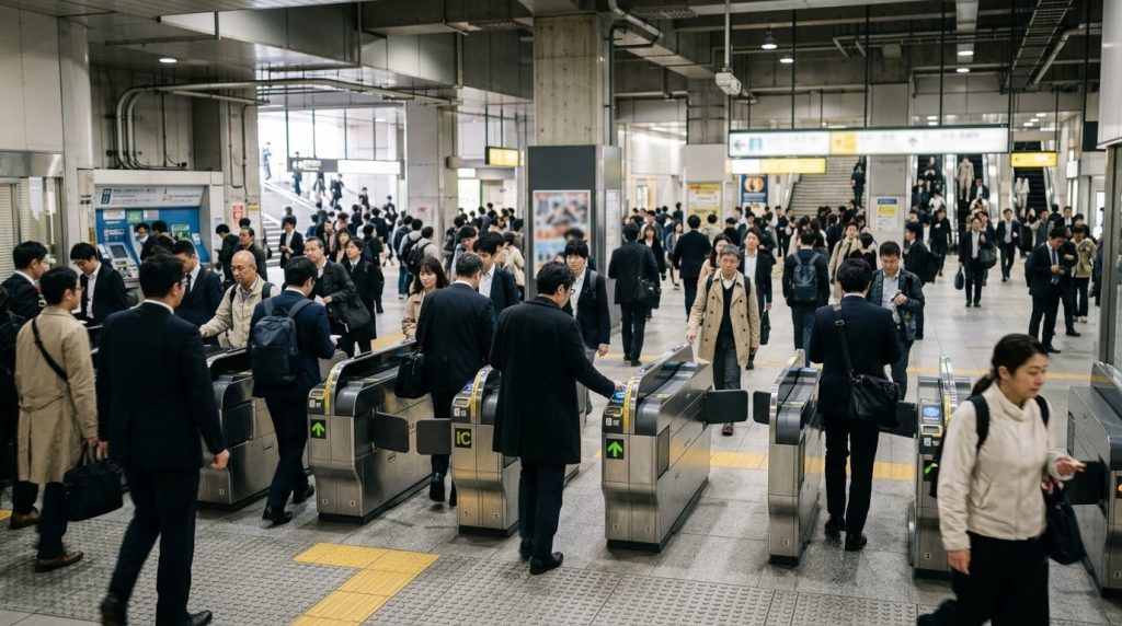 Commuters passing through ticket gates at a Tokyo subway station