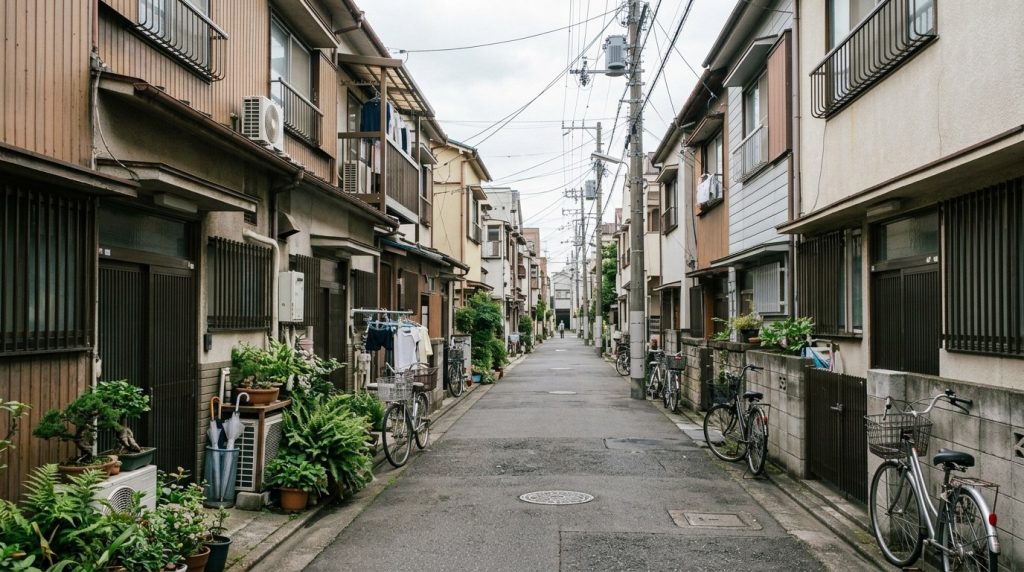 Quiet residential street with parked bicycles in Tokyo