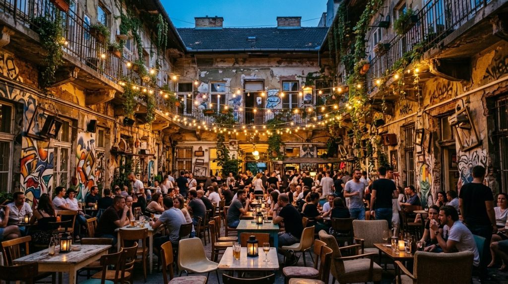 Courtyard ruin bar with string lights in Budapest's District VII