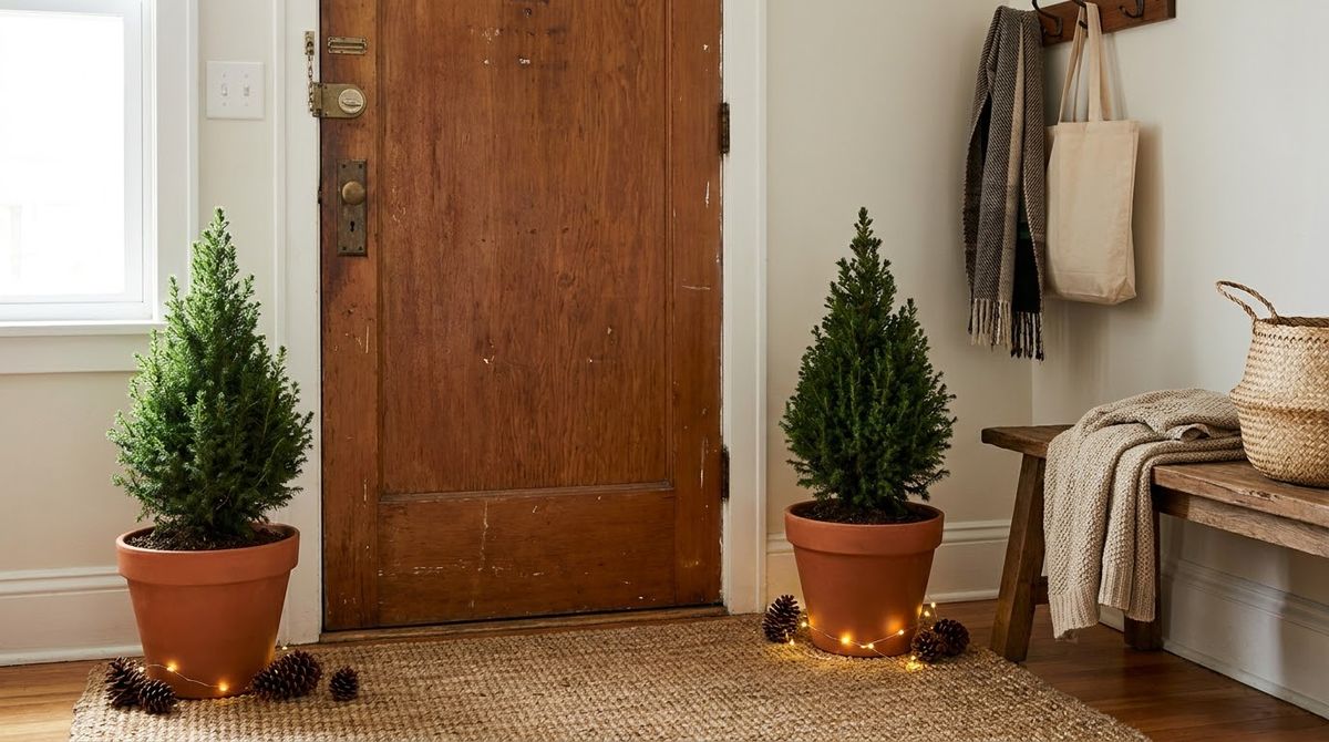 Flank the Door With Potted Greenery: christmas decor ideas idea