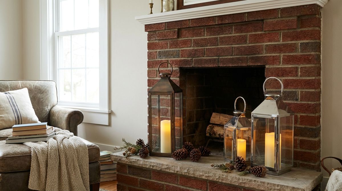 Fill an Empty Fireplace With Candles in Lanterns: christmas decor ideas idea