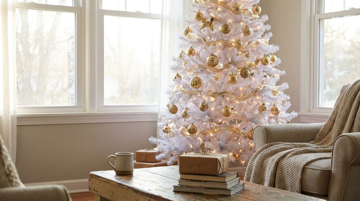 White Christmas Tree With Gold Decorations White Christmas Tree With Gold Decorations