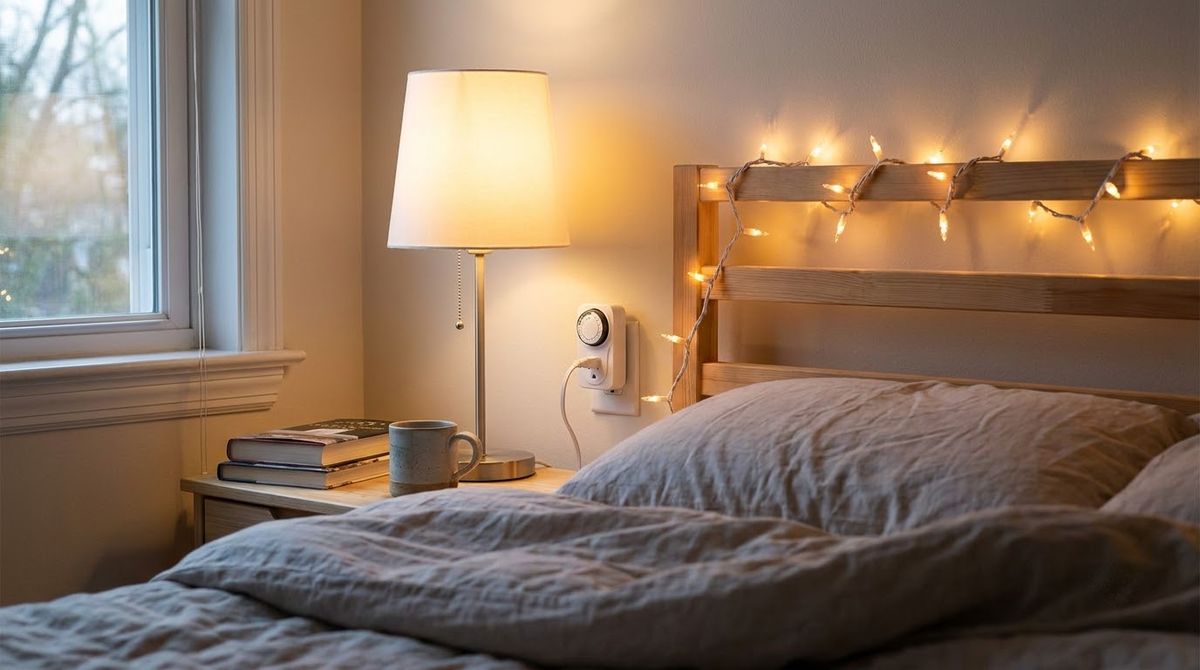 Warm-White Bulbs and a Timer for Sleep: christmas bedroom decor idea