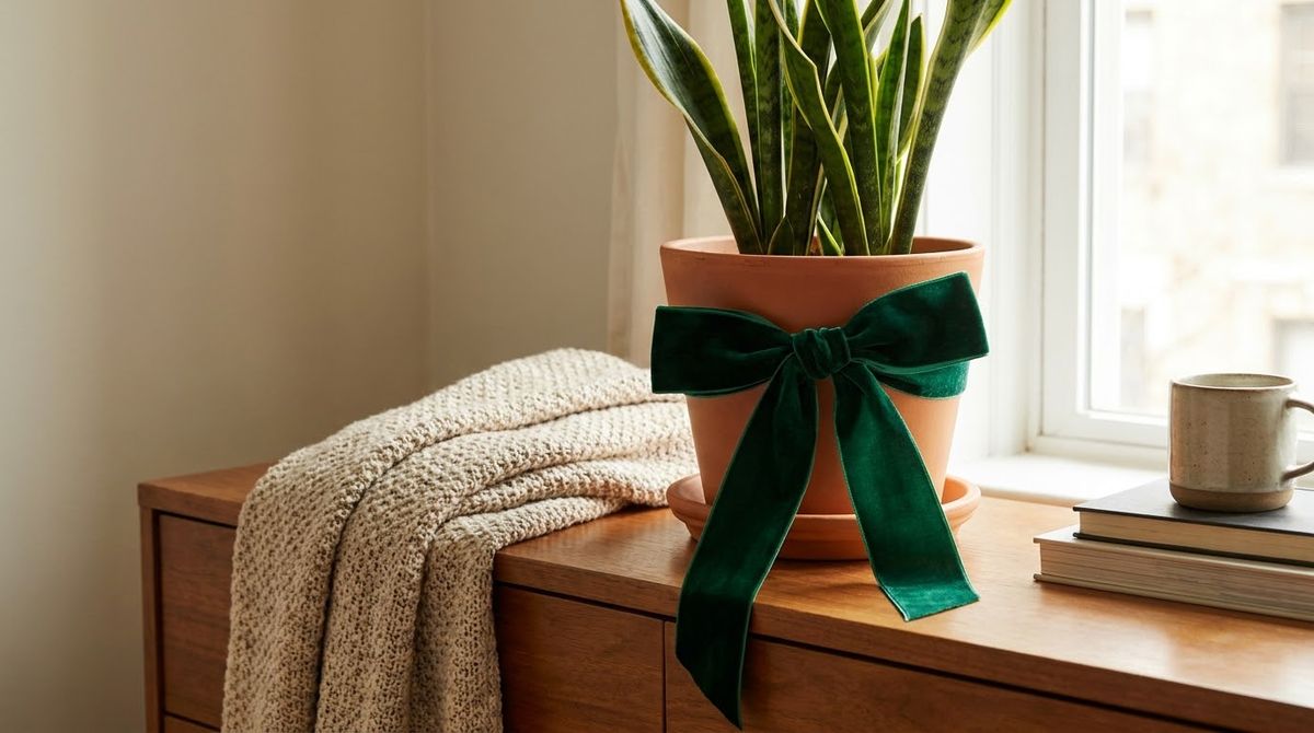 A Bow on an Existing Plant: christmas bedroom decor idea