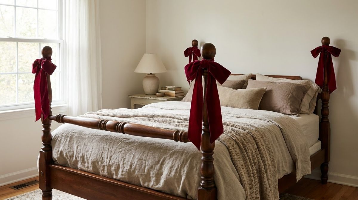 Velvet Bows on the Bedposts: christmas bedroom decor idea