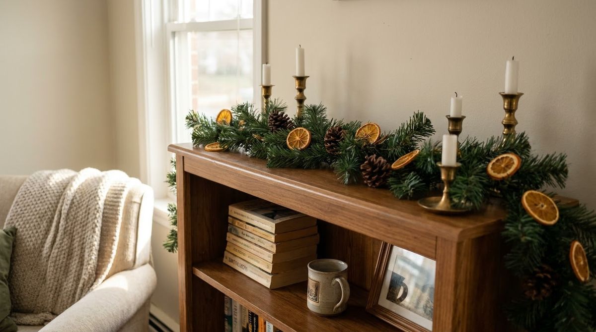 Bookshelf Top or Staircase Banister: christmas mantel decor idea
