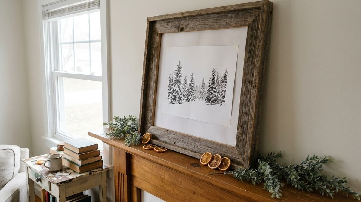 Seasonal Print in a Frame You Own: christmas mantel decor idea