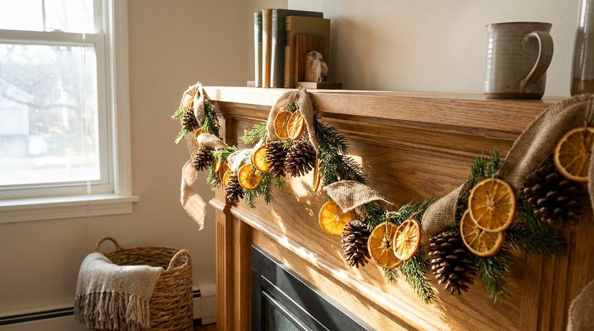 Pinecones and Dried Orange Slices: christmas mantel decor idea