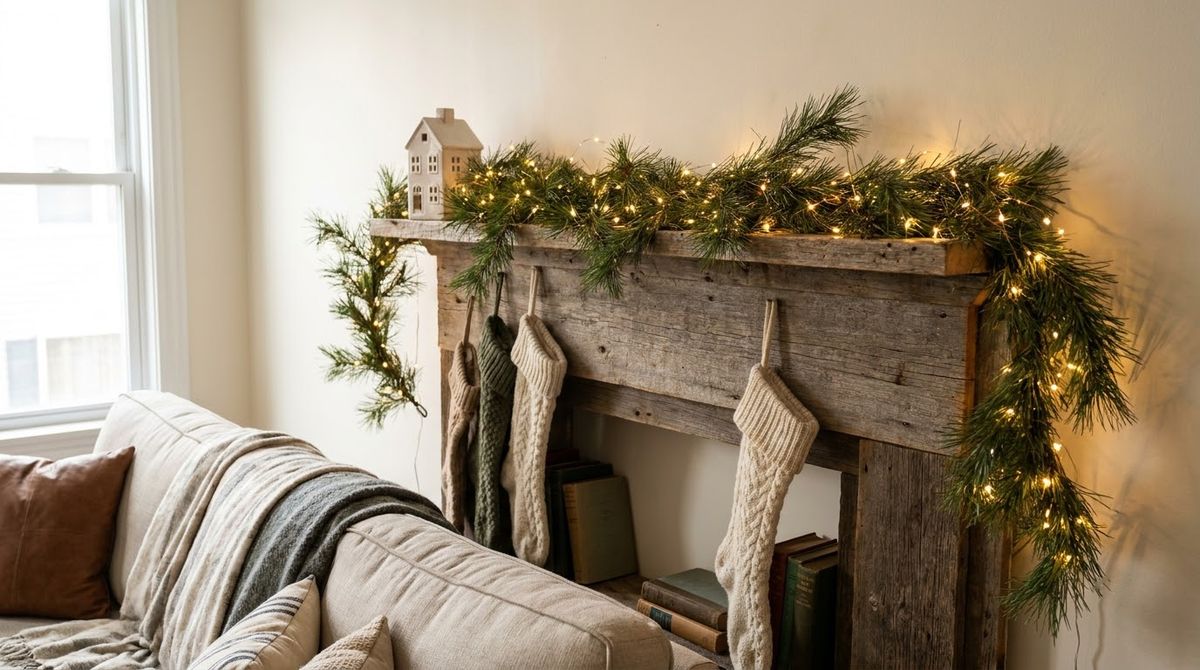 Warm-White Fairy Lights Inside the Garland: christmas mantel decor idea