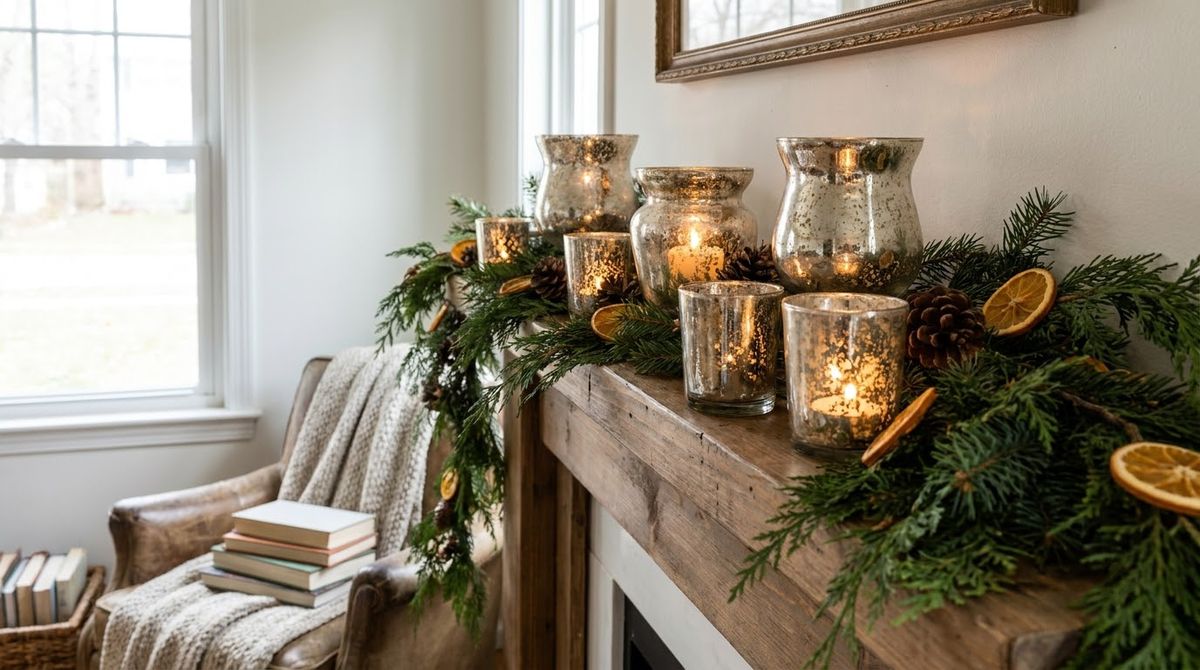 Mercury Glass Votives: christmas mantel decor idea
