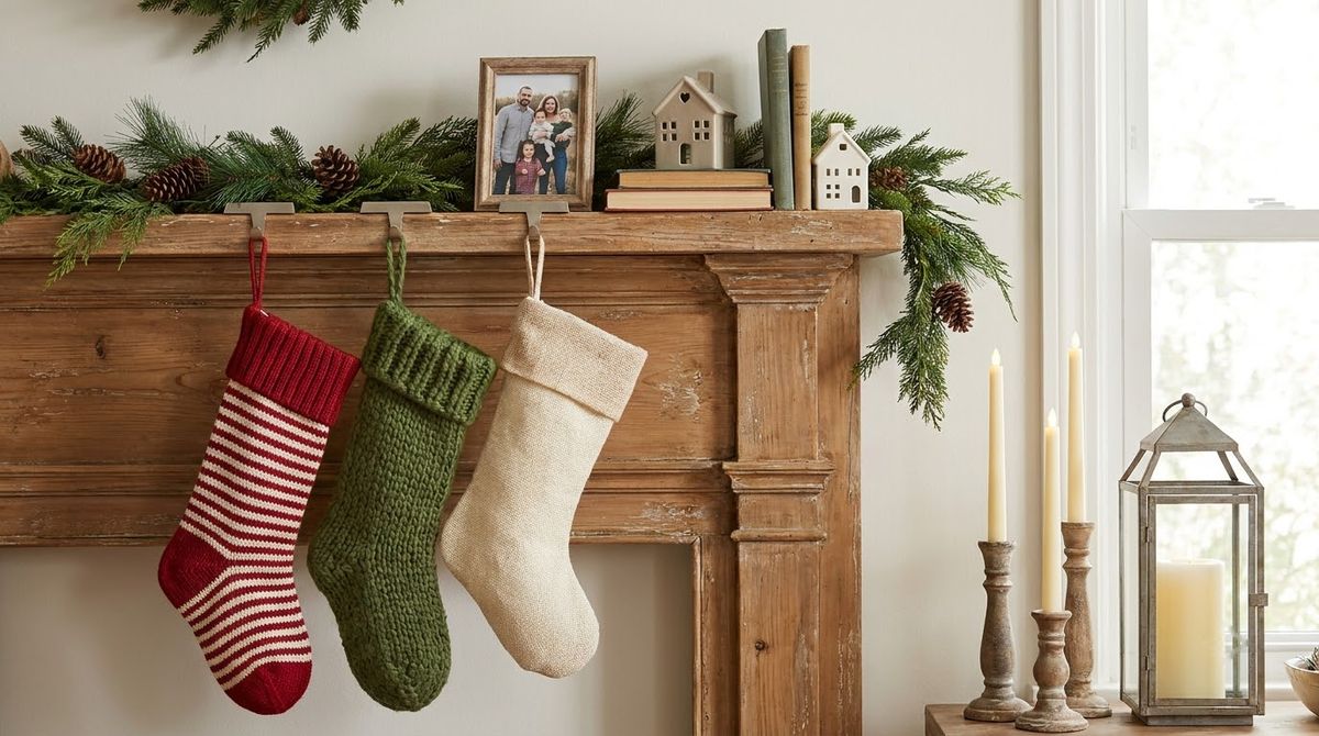 Off-Center Cluster of Three: christmas mantel decor idea