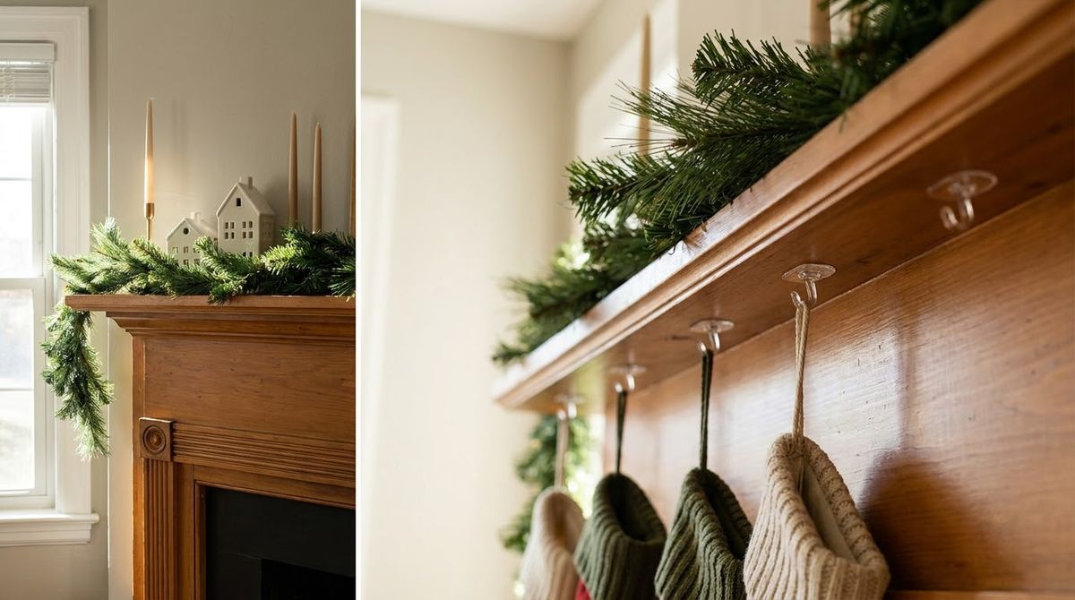 Adhesive Hooks Under the Lip: christmas mantel decor idea