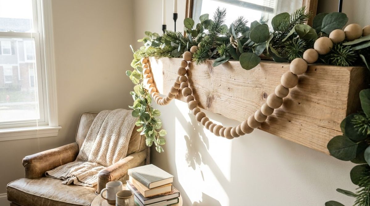 Wood Bead Garland Woven Through Greenery: christmas mantel decor idea