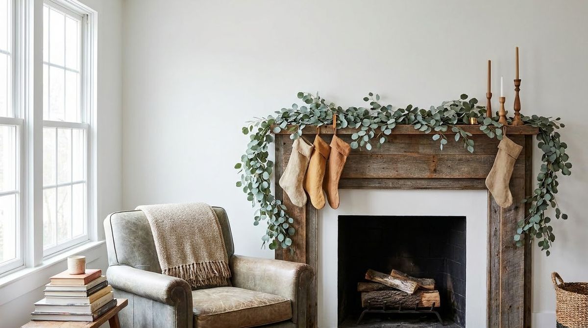 Eucalyptus Garland for a Softer Look: christmas mantel decor idea