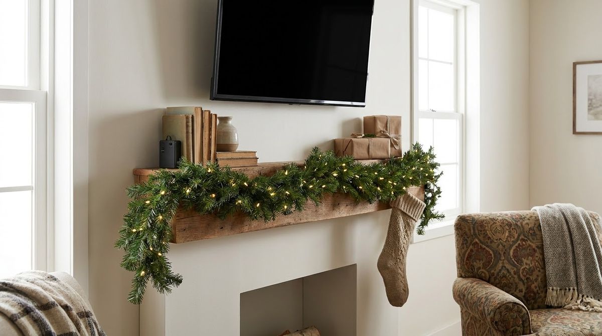 Battery Garland With a Timer: christmas mantel decor idea