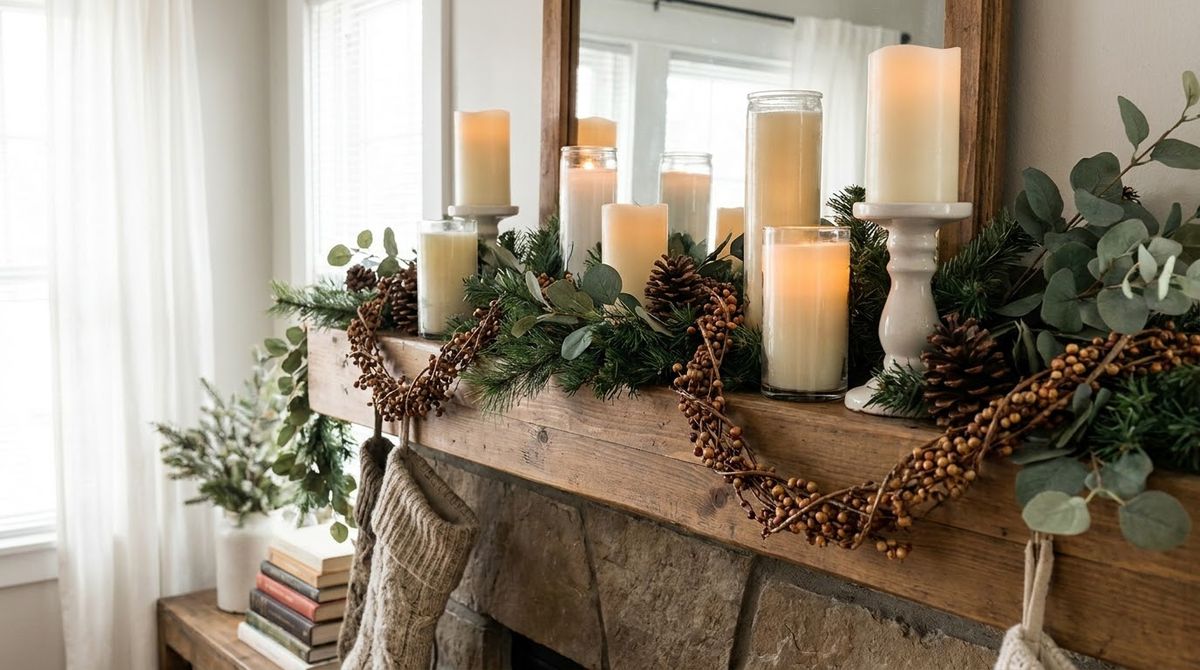 Candles and Greenery Layers: christmas mantel decor