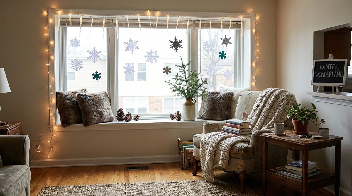 Window Icicle Lights and Snowflakes