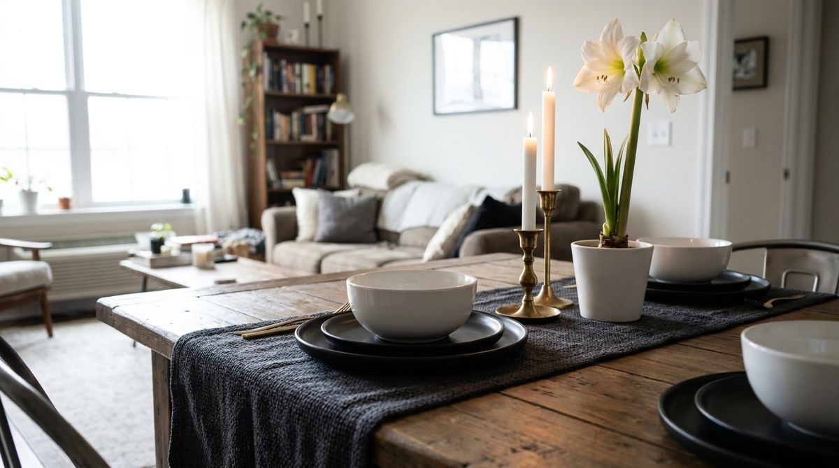 Modern: Matte Black, Brass and White: christmas table decor idea