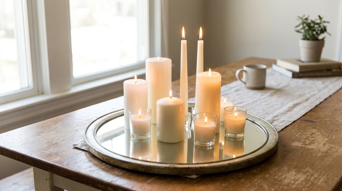 Candle Cluster on a Mirror Tray: christmas table decor idea