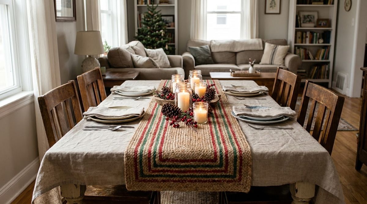 Runner Layered Over a Tablecloth: christmas table decor idea