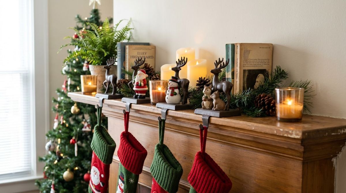 Mantel Sets: Stocking Holders, Figurines and Candles Mantel Sets: Stocking Holders, Figurines and Candles