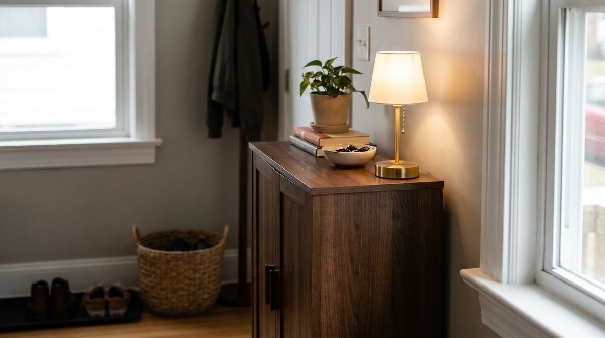 Use a Mini Lamp on a Narrow Cabinet: entryway decor ideas idea