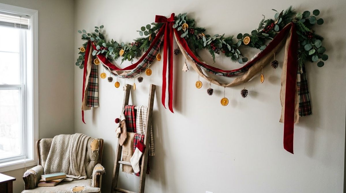 Garland, Ribbon and Fabric on the Wall