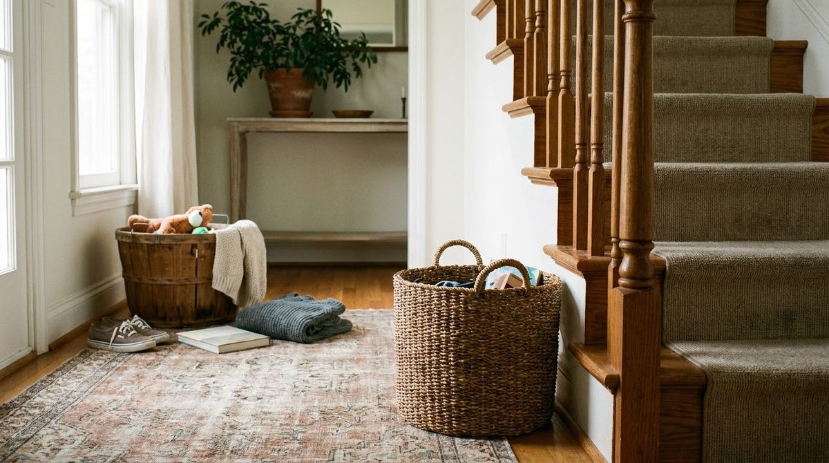 Set a Basket at the Foot of the Stairs: entryway decor ideas idea