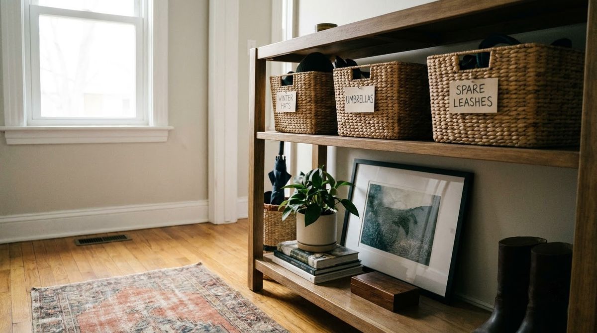 Label Baskets for the Upper Shelf: entryway decor ideas idea