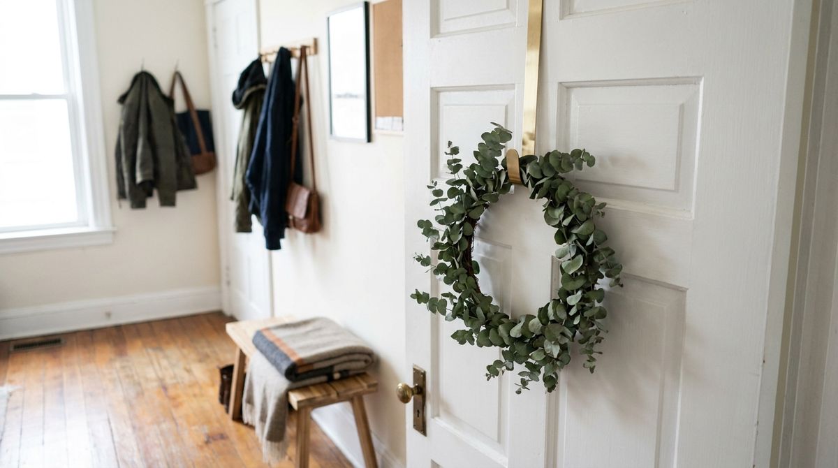Eucalyptus Door Wreath on a Slim Hanger: modern christmas decor idea