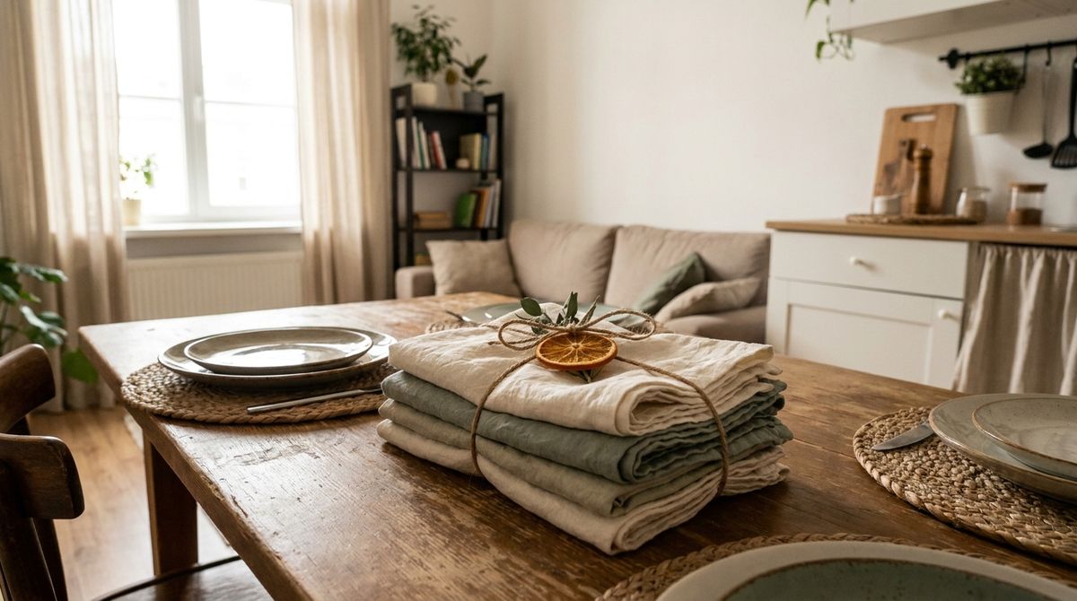 Neutral Napkins With a Twine or Orange Tie: modern christmas decor idea