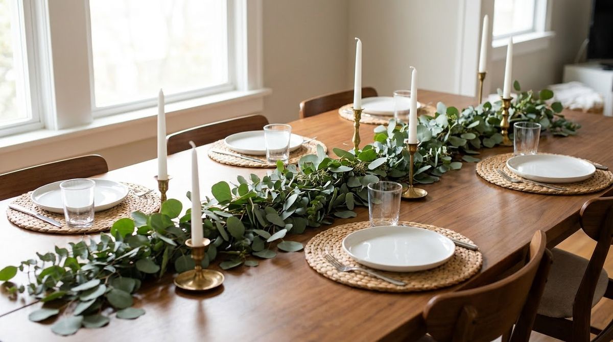 Low Eucalyptus Garland Down the Center: modern christmas decor idea