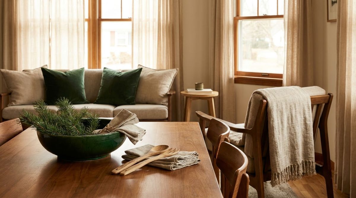 Deep Green, Natural Wood and Linen: modern christmas decor idea