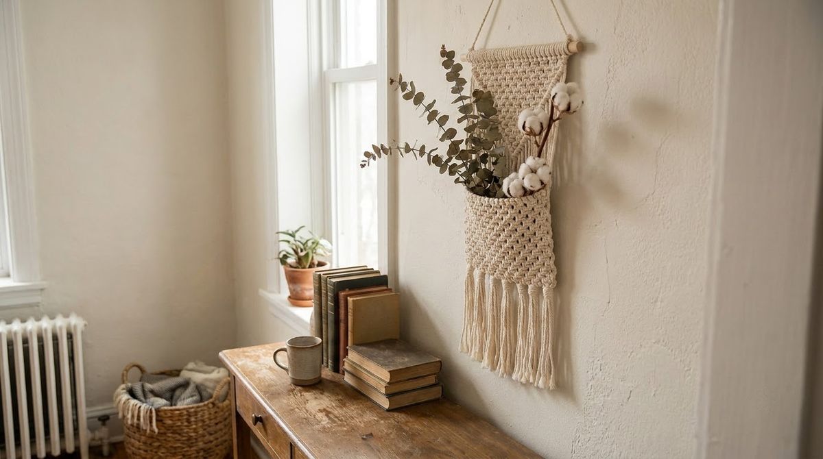 Macrame Wall Hanging With a Greenery Sprig: boho christmas decor idea Macrame Wall Hanging With a Greenery Sprig: boho christmas decor idea