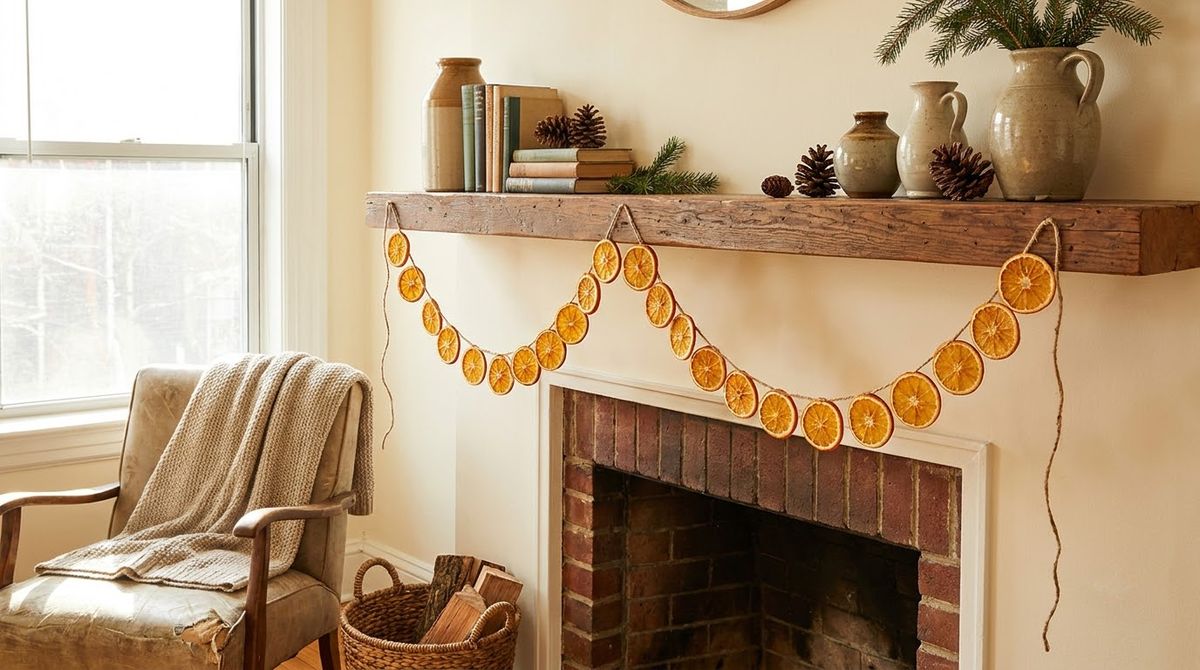 Dried Orange Garland on the Mantel: boho christmas decor idea Dried Orange Garland on the Mantel: boho christmas decor idea