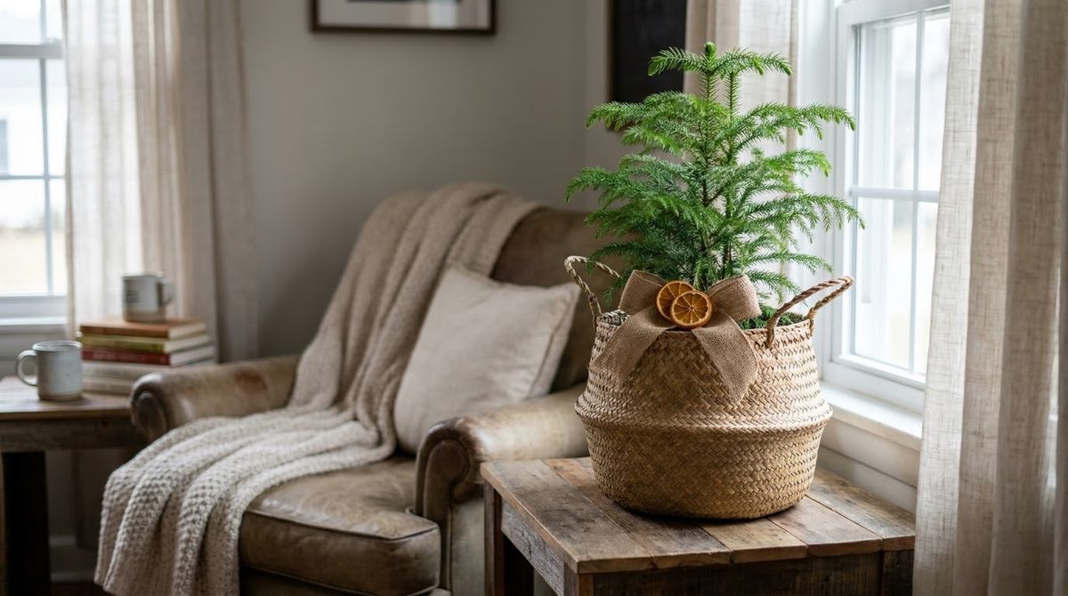 Seagrass Basket Around a Small Tree Pot: boho christmas decor idea Seagrass Basket Around a Small Tree Pot: boho christmas decor idea
