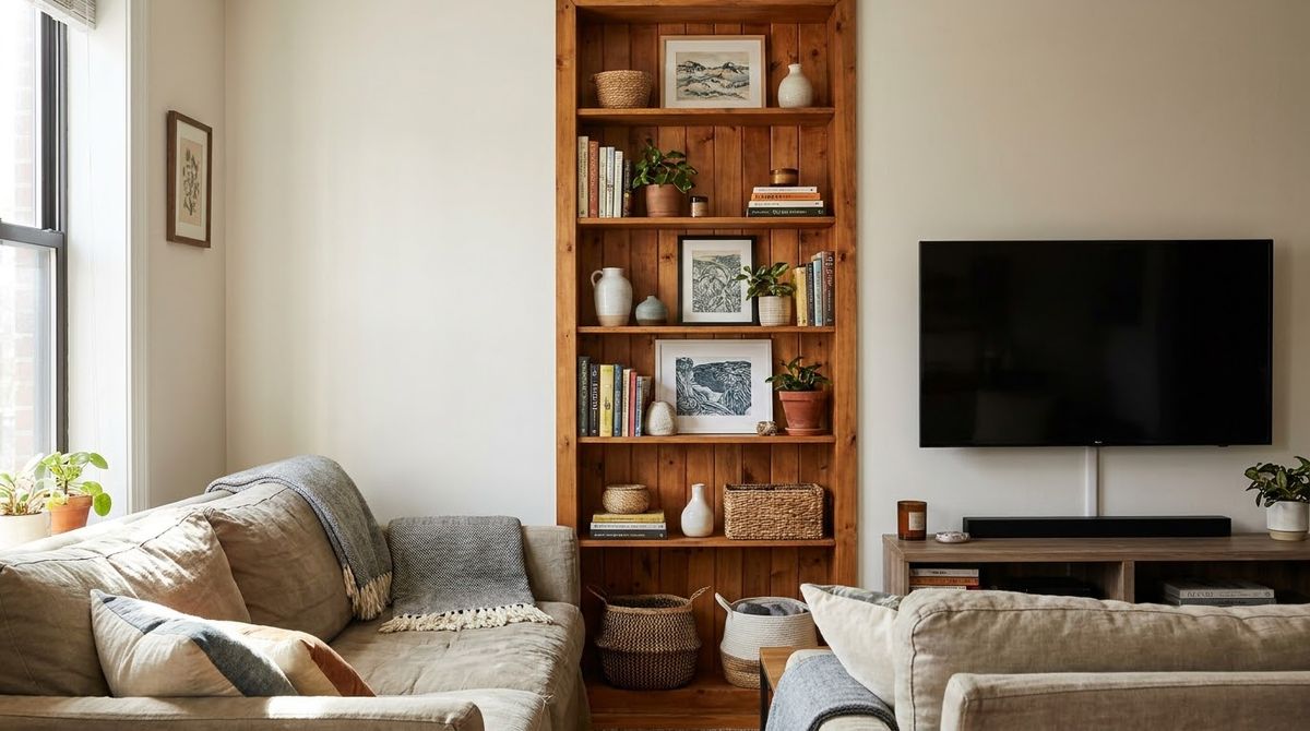 A Tall Shelf Unit Beside the TV: living room wall decor ideas idea