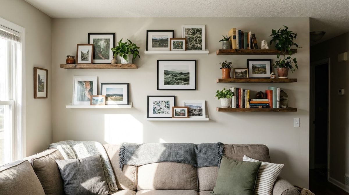 Shelves and Picture Ledges: living room wall decor ideas