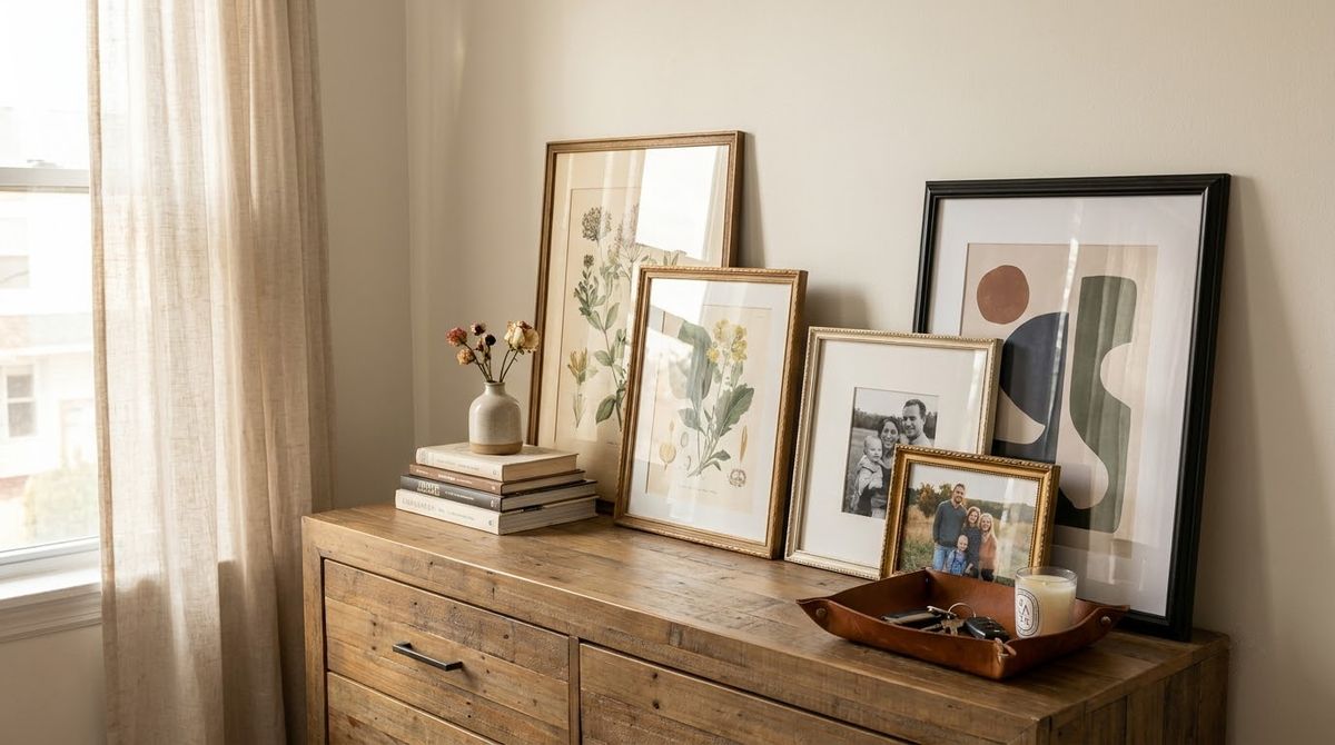 Leaning Art on the Dresser: bedroom wall decor ideas idea Leaning Art on the Dresser: bedroom wall decor ideas idea