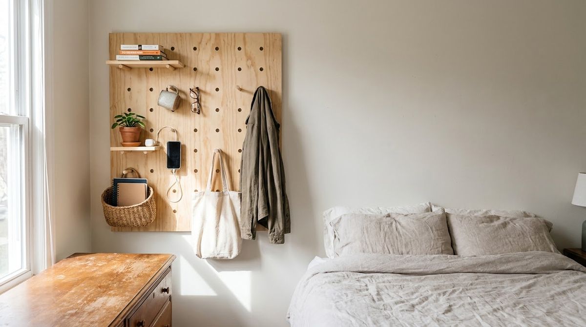 A Pegboard for Bedside Storage: bedroom wall decor ideas idea A Pegboard for Bedside Storage: bedroom wall decor ideas idea