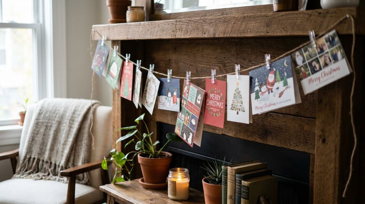A Line of Christmas Cards on Twine: cozy christmas decor ideas idea A Line of Christmas Cards on Twine: cozy christmas decor ideas idea