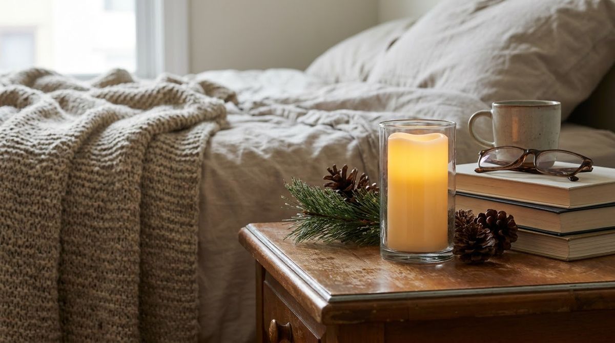 One Flameless Candle on the Nightstand: cozy christmas decor ideas idea One Flameless Candle on the Nightstand: cozy christmas decor ideas idea