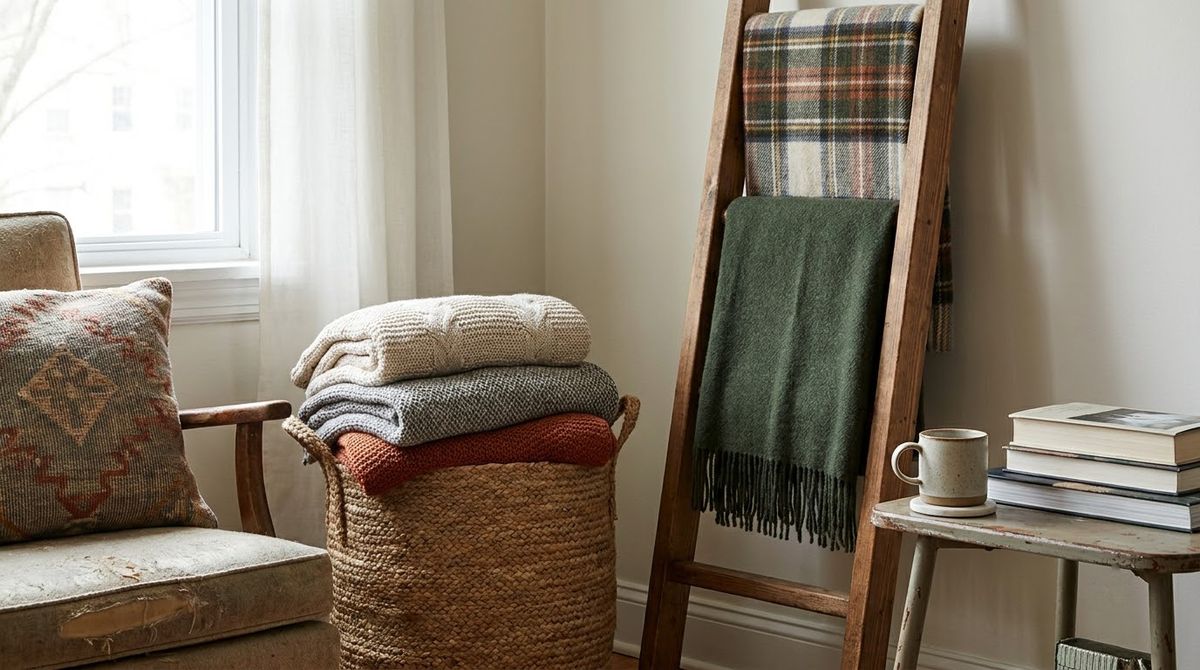 A Basket or Ladder for Blankets: cozy christmas decor ideas idea A Basket or Ladder for Blankets: cozy christmas decor ideas idea