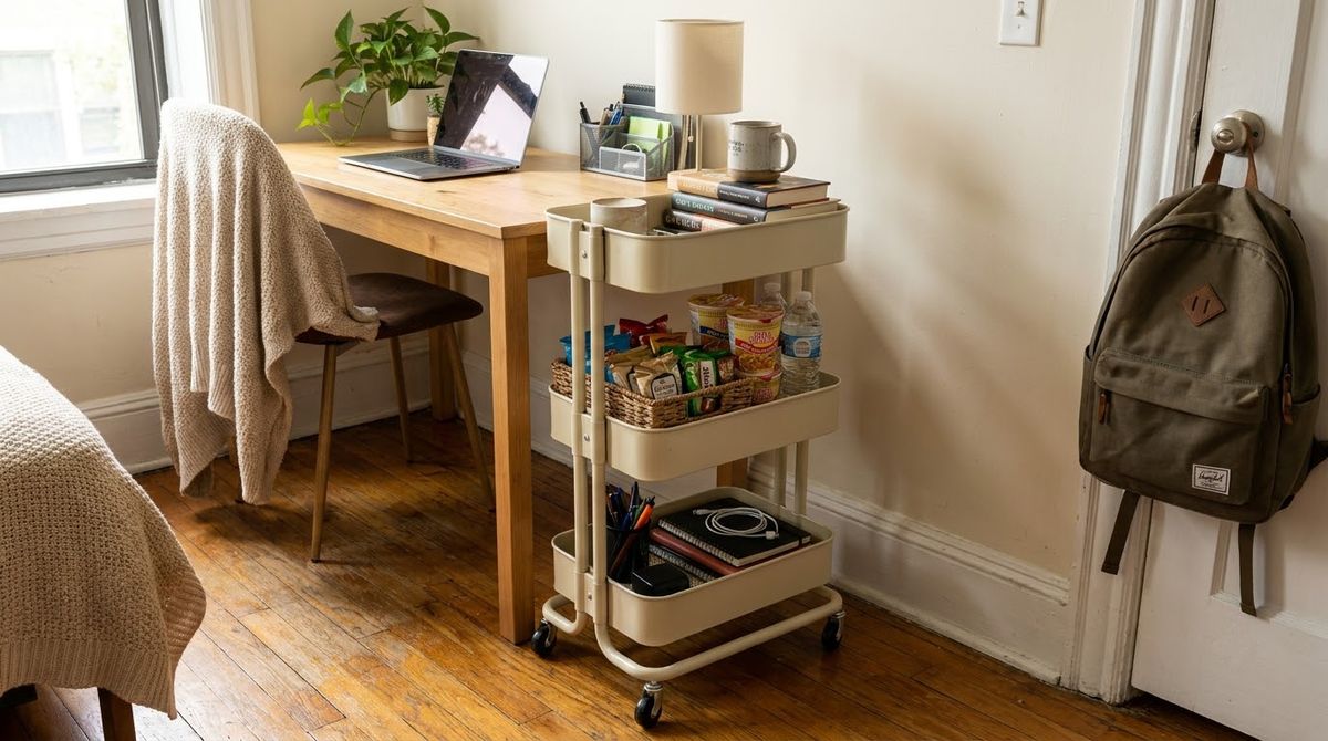 Park a Rolling Cart Beside the Desk: dorm room ideas idea Park a Rolling Cart Beside the Desk: dorm room ideas idea