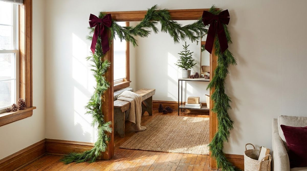 Velvet Bows at the Top Corners: christmas front door ideas idea