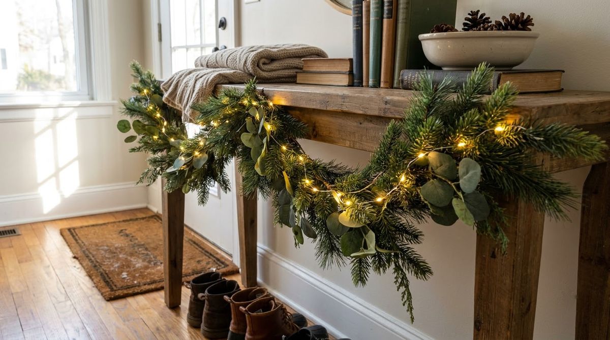 Warm-White Lights Woven Through Greenery: christmas front door ideas idea