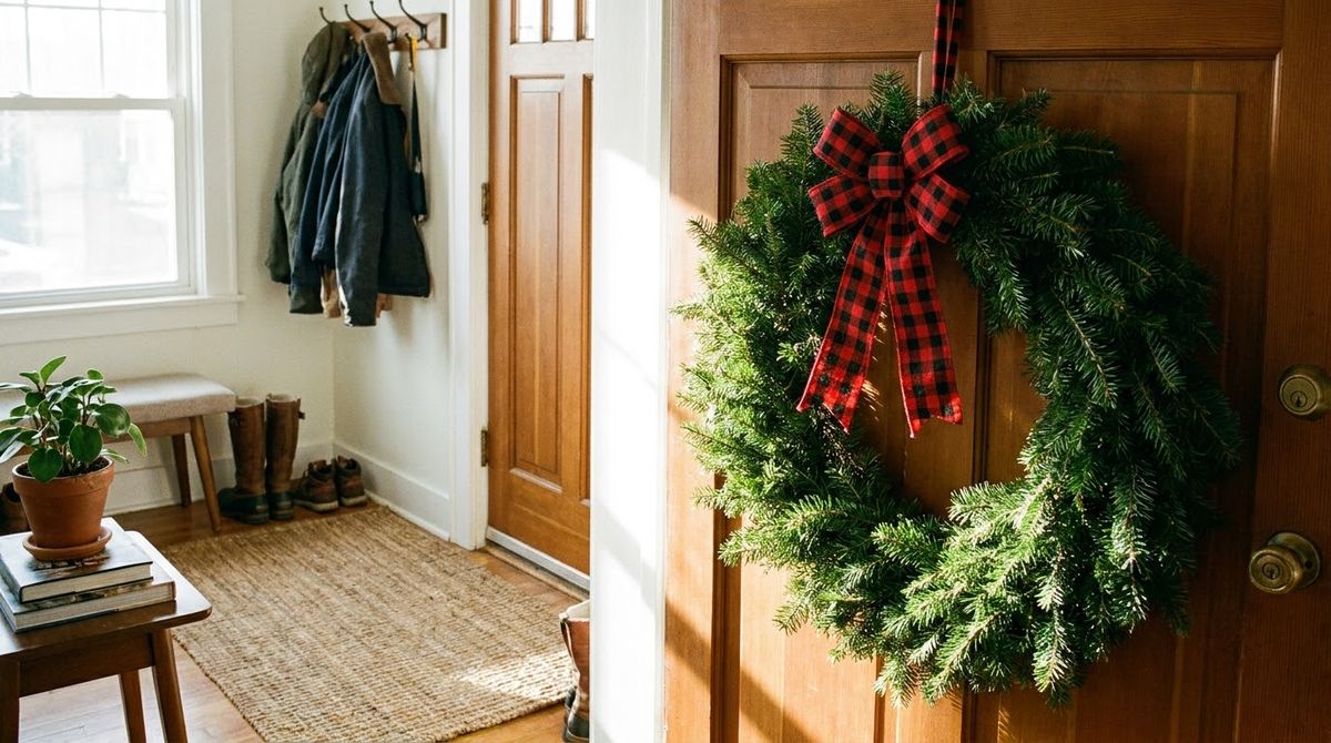 A Wreath With a Buffalo Plaid Bow: christmas front door ideas idea